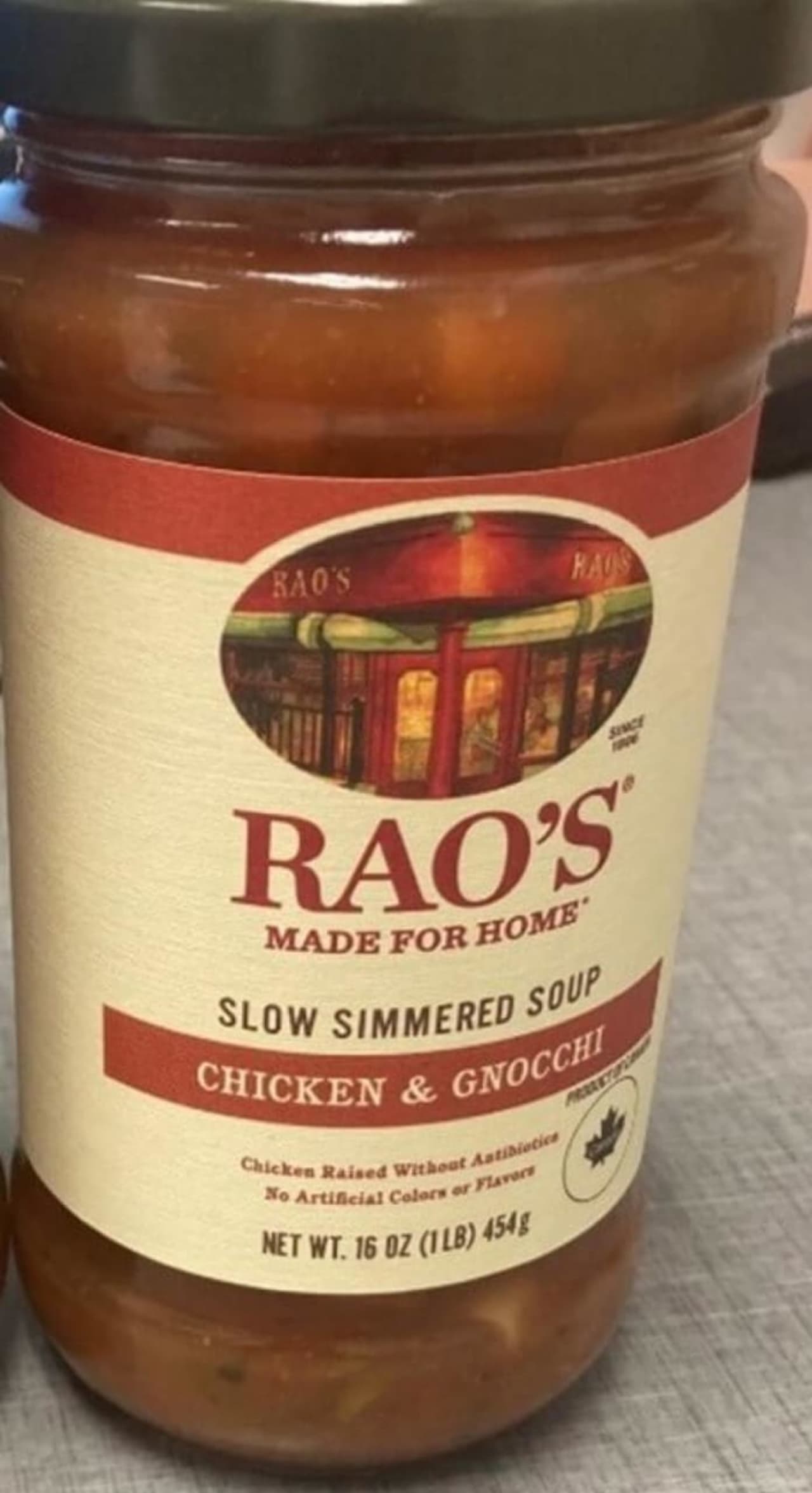16-ounce jars of Rao’s Made for Home Slow Simmered Soup, Chicken & Gnocchi.