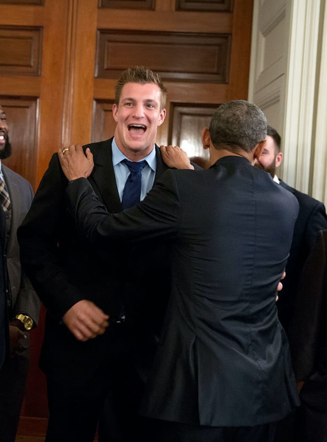 Rob Gronkowski celebrates the Patriots' Super Bowl XLIX win in 2015 with then US President Barack Obama at the White House. You can celebrate 'Gronks' retirement from the NFL with him next month.