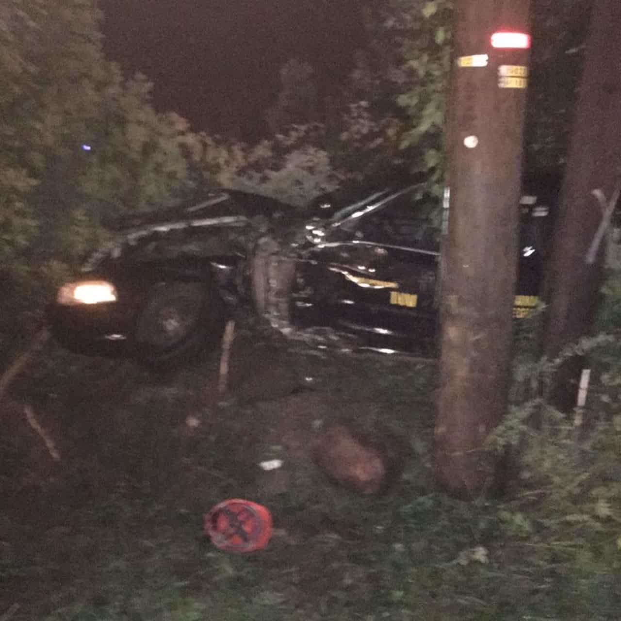 A 58-year-old Airmont man was arrested early Friday after crashing his car into a utility pole on Route 45 near Washington Avenue in Ramapo.