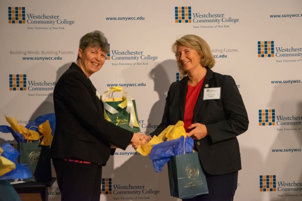SUNY Delhi Provost Kelli Ligeikis with Westchester Community College Vice President of Academic Affairs Vanessa Morest (left to right).