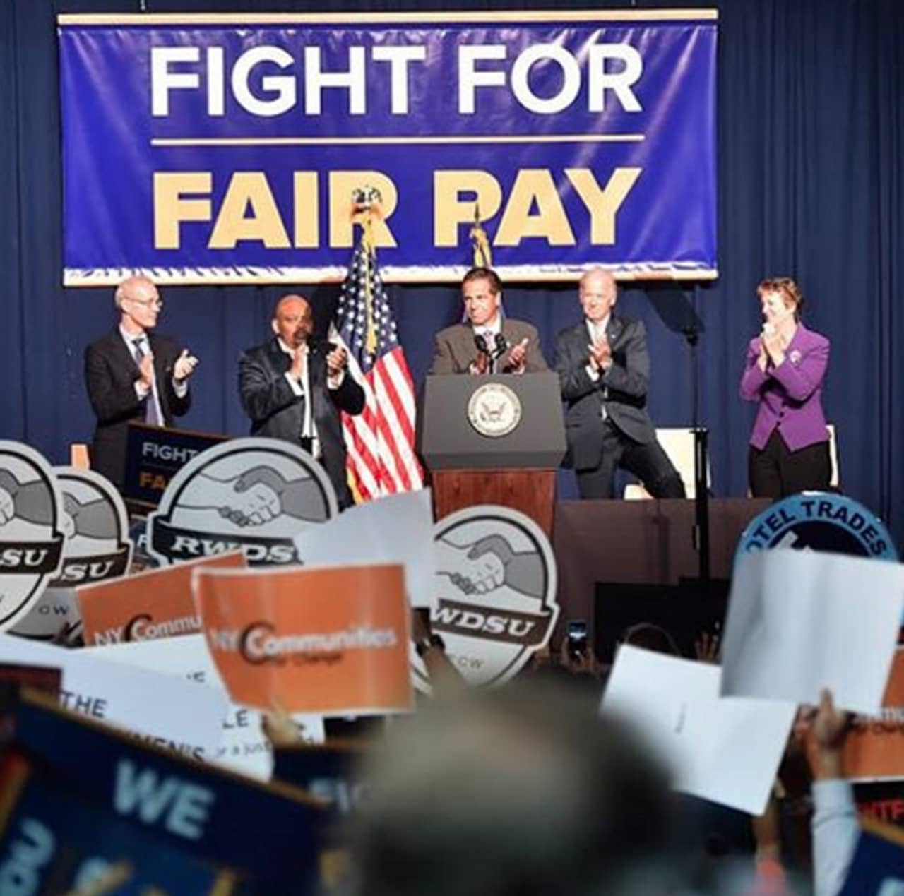 Gov. Andrew Cuomo joined Vice President Joe Biden at a rally to call for a $15 an hour minimum wage. 