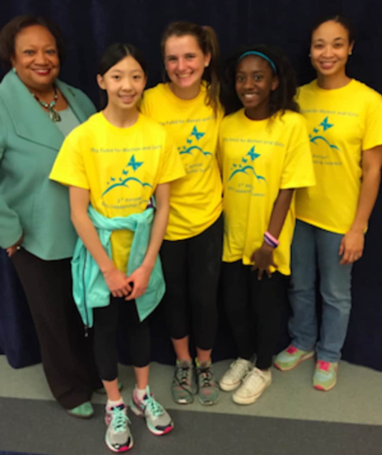 From left: Juanita James CEO/President of Community Foundation; Greenwich Academy students Ashley Hu, (Scarsdale, N.Y.) and Schuyler Sargeant (Greenwich); Zakiya Gray (Bridgeport) and Tricia Hyacinth, manager of Fund for Women and Girls.
