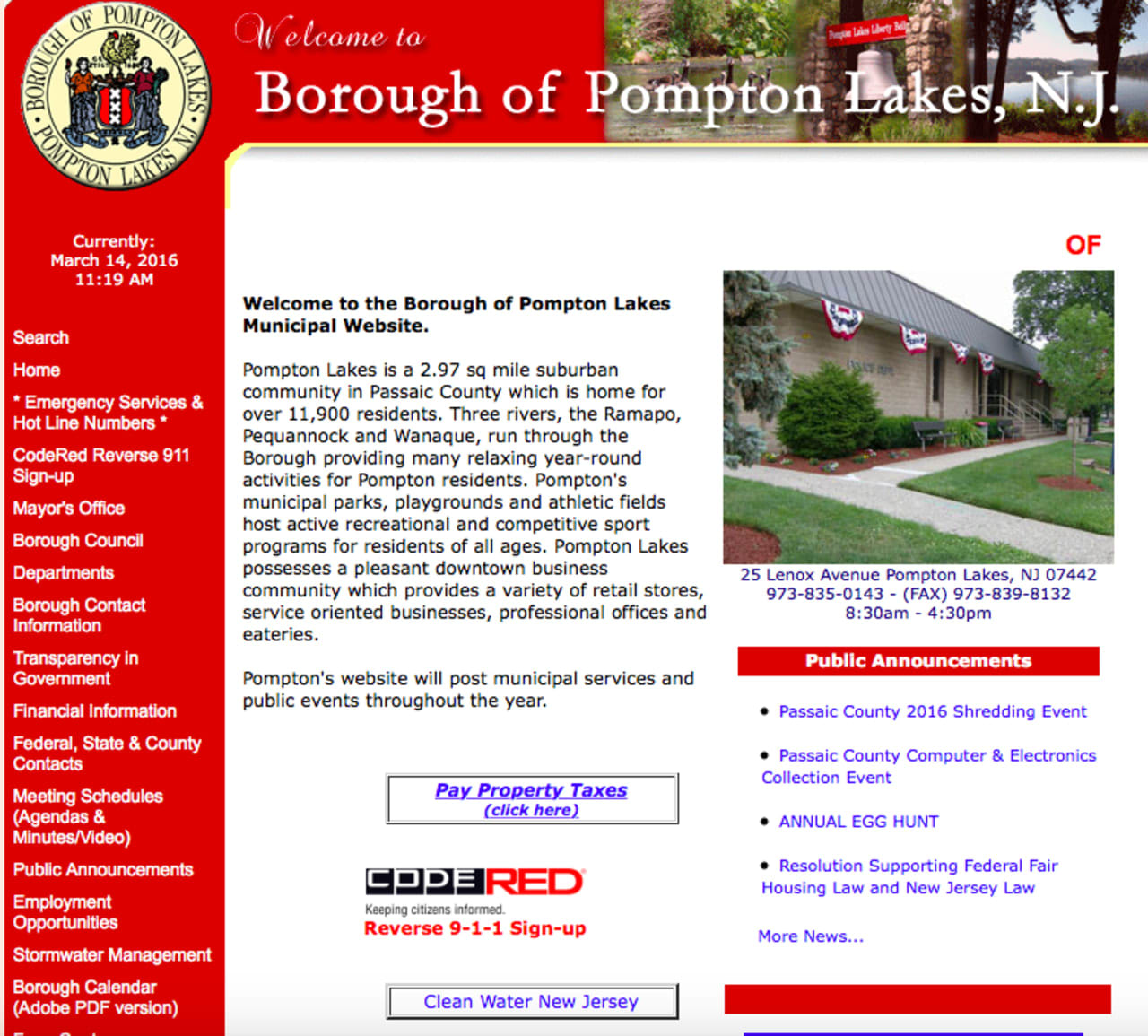 the main page of the Pompton Lakes municipal website