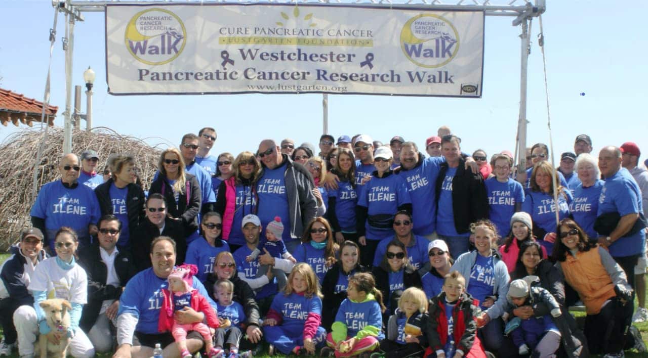 Scott Morgan [front row, fourth from left] of New Canaan with Team "Ilene" at The Lustgarten Foundation’s annual Westchester Pancreatic Cancer Research Walk. The event will be held at Rye Playland Park in Rye, New York, on Sunday, April 17.