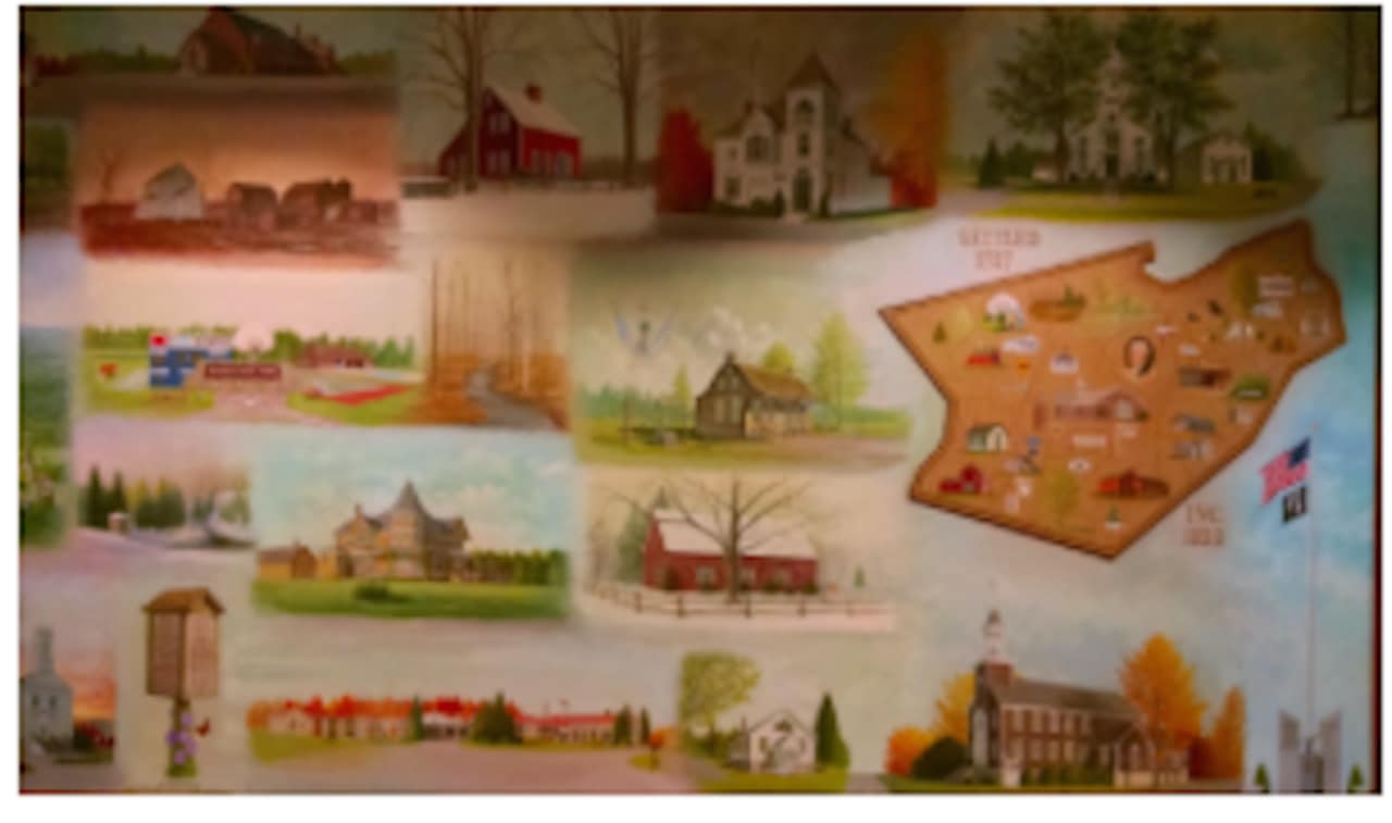 The Historical Mural at the Edith Wheeler Memorial Library was painted by artist David Merrill. Meet Merrill at a gala benefit May 14 for the Monroe Historical Society at the library.