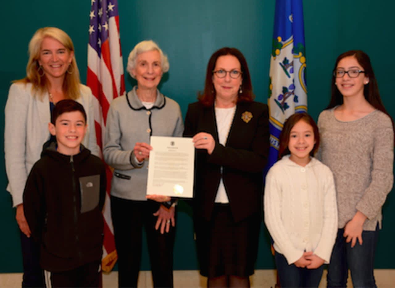 From left,  Horizons Executive Director, New Canaan Country School Kerry Yeager Stevens; town resident and Horizons student Alberto Reyes; Jill Stevens; Town Clerk Claudia Weber; and town residents and Horizons students Ambar Reyes and Sandra Reyes.