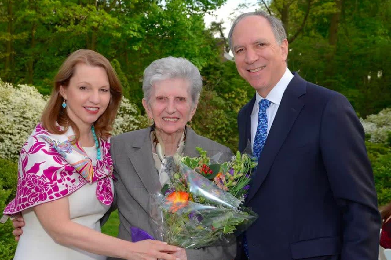 Longtime White Plains Hospital volunteer Celeste Vazzana (center), of Scarsdale with President and CEO Susan Fox, of Larchmont; and Chairman of the Board of Directors Larry Smith, of Scarsdale.