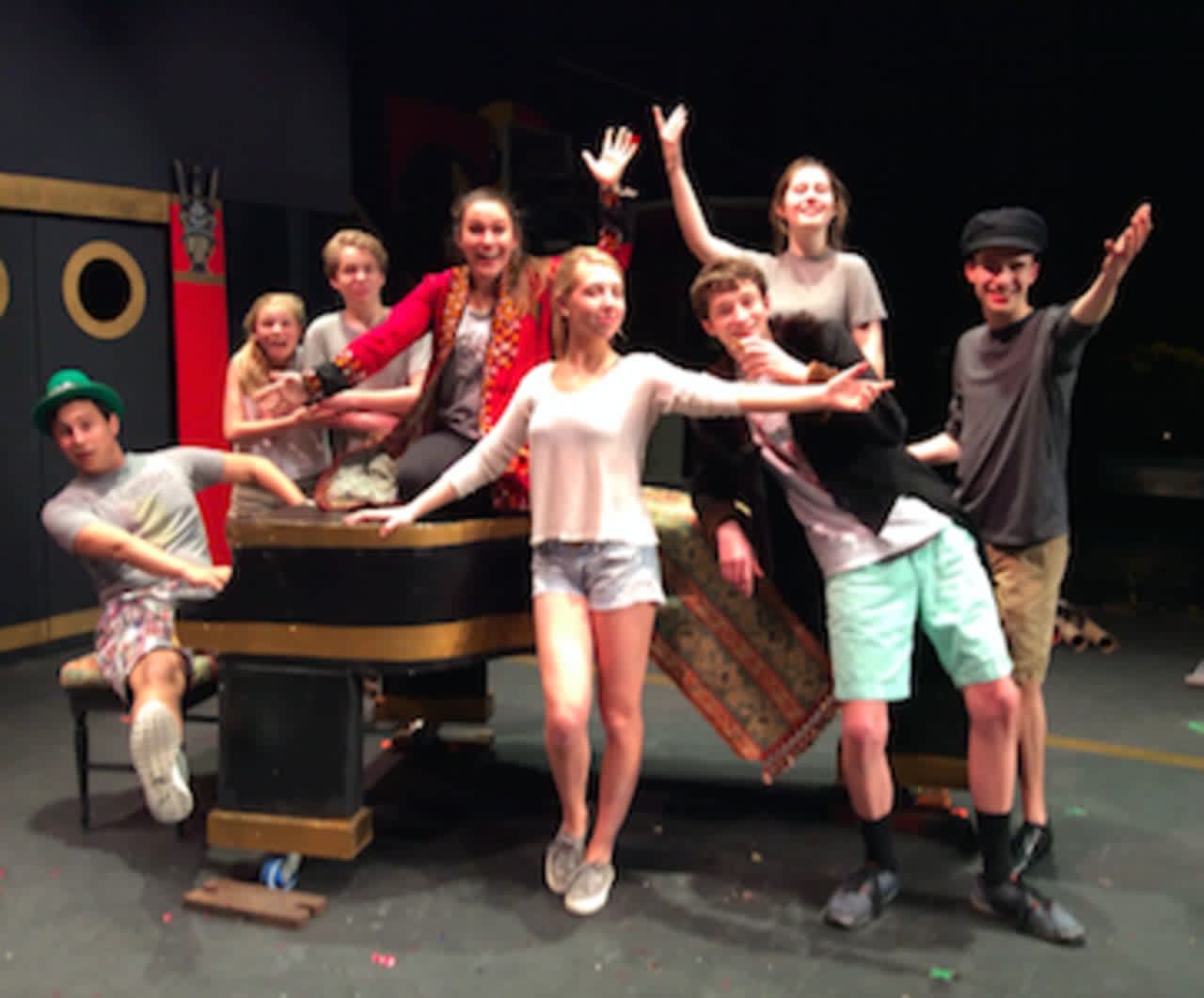 The New Canaan High School act two cast from "A Day in Hollywood, A Night In the Ukraine" are shown, from left, Nick Ranieri, Lucy Coutts, Wyatt Lysenko, Kate Callahan, Audrey Kirkpatrick, Joseph Turner, Allison Demers and Will Dooley.