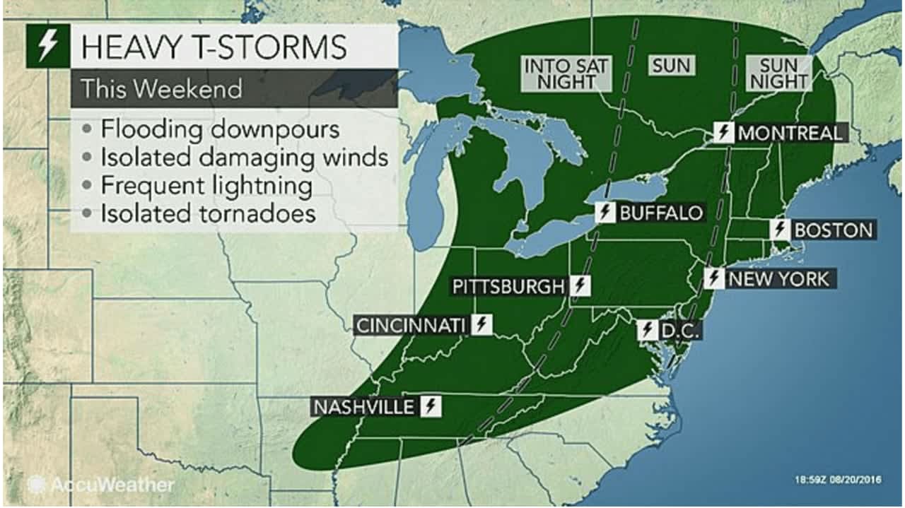 The thunderstorms could result in frequent lightning, damaging winds, flooding downpours and isolated tornadoes, according to AccuWeather.com.