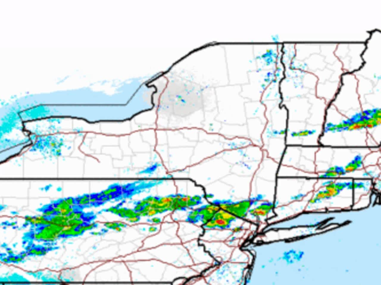 A radar image showing the storms that are moving west to east late Wednesday afternoon.