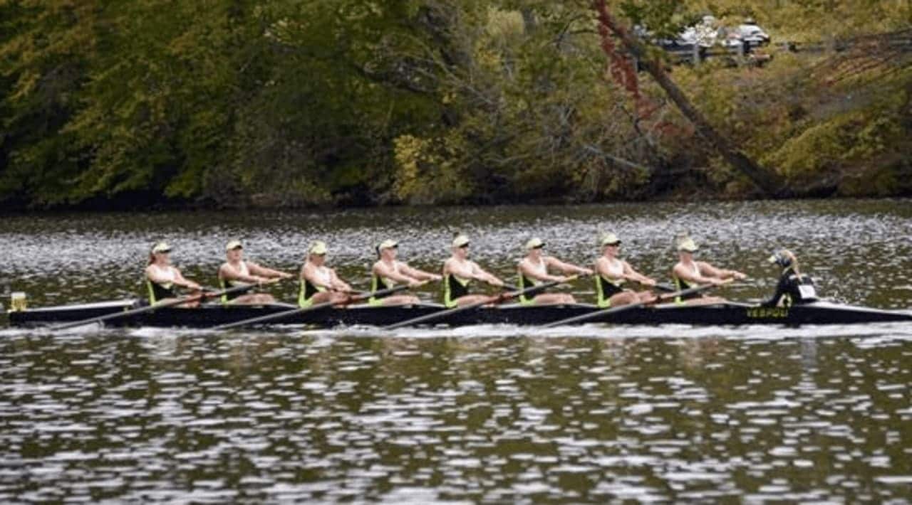 The Connecticut Boat Club Novice 8 heads to victory at the Head of the Housatonic regatta last Saturday in Shelton.