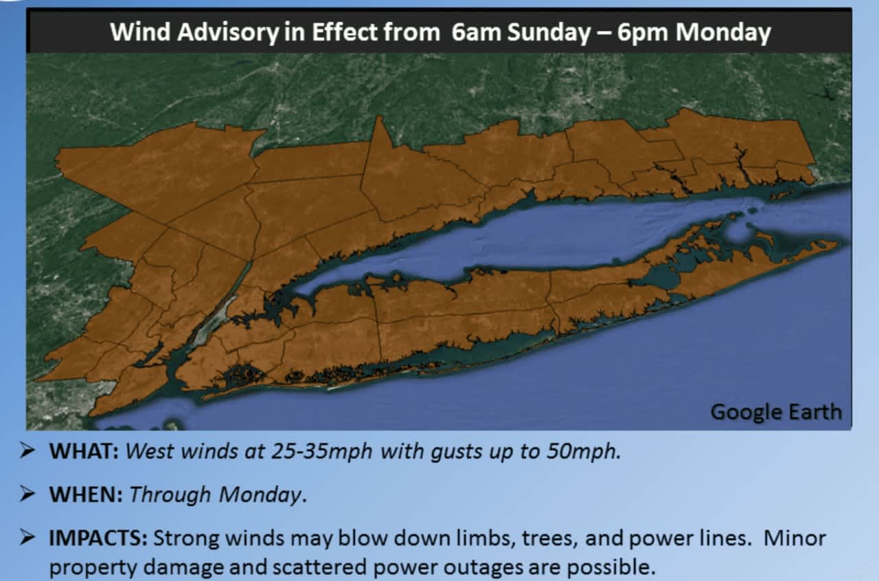 The Wind Advisory, which had originally been issued for Southern Westchester on Saturday, now includes all of Westchester as well as Putnam and Rockland.