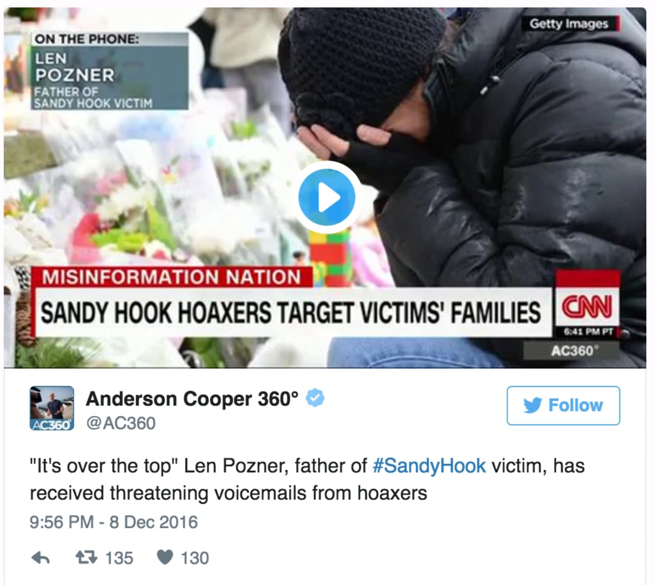 CNN's Anderson Cooper interviewed Len Pozner, the father of a Sandy Hook victim, about death threats he has received.