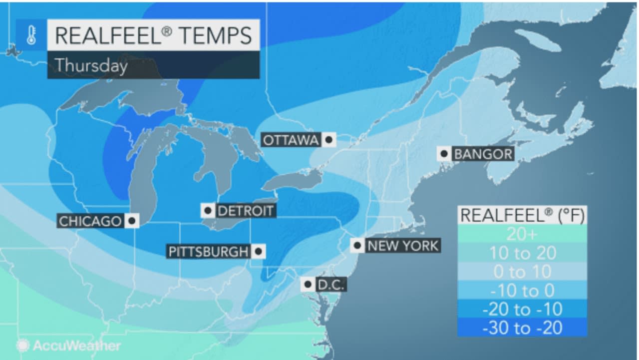 A look at the frigid real-feel temperatures in store for Thursday.