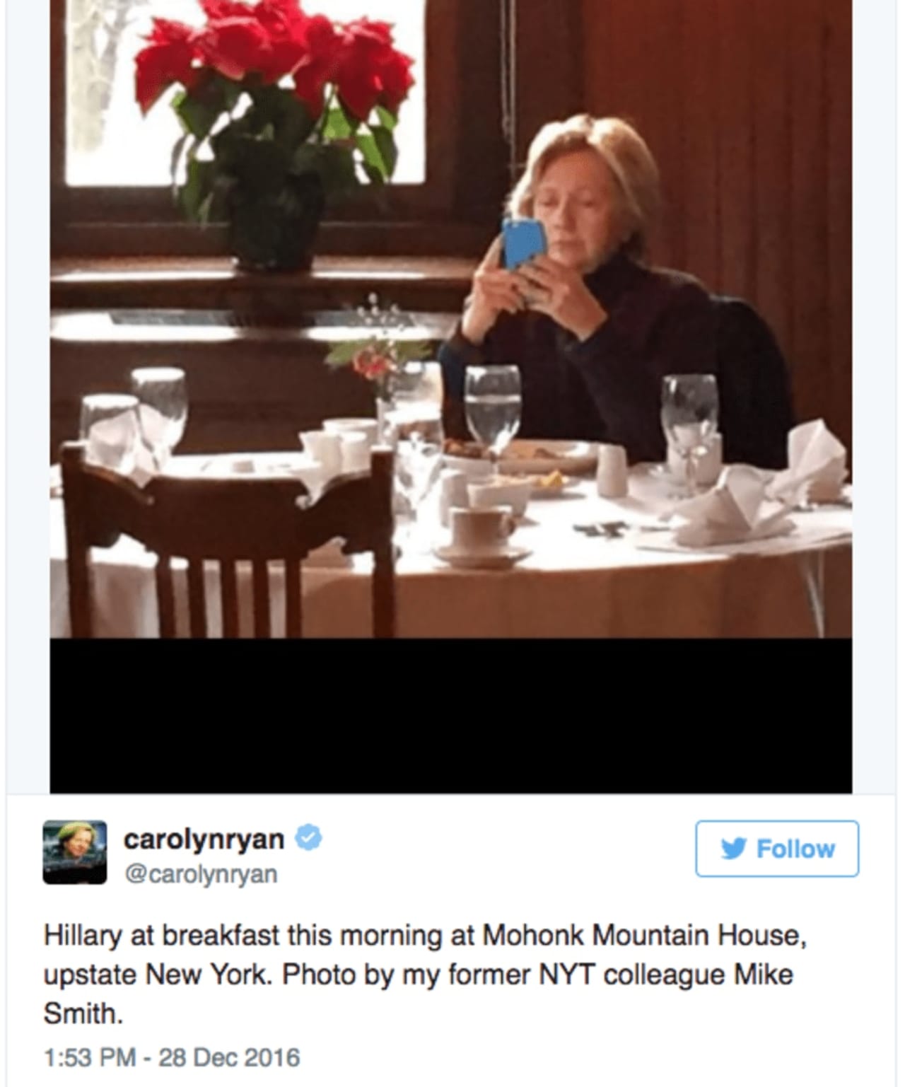 Chappaqua's Hillary Clinton was snapped having breakfast and checking her cell phone at the Mohonk Mountain House in New Paltz Wednesday. This image was tweeted by Carolyn Ryan, a New York Times editor.