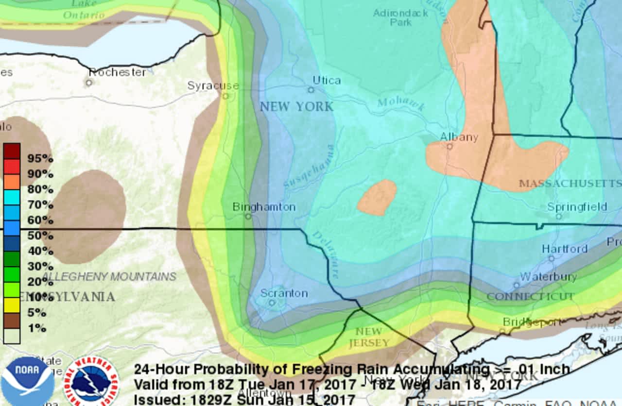 Following the overnight black ice Sunday into morning, there will be a chance of freezing rain overnight Monday into Tuesday morning. A look at the probabilities are shown above.