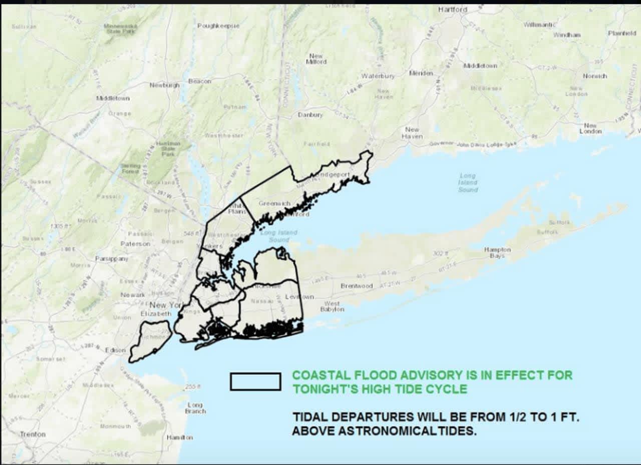 A Coastal Flood Watch, issued by the National Weather Service, is in effect for areas along the Western Long Island Sound from 11 p.m. Sunday to 2 a.m. Monday.