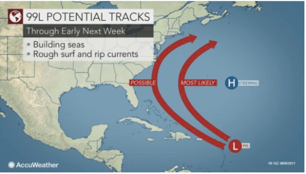 A look at potential tracks for a tropical system called 99L that will be moving up the East Coast early next week.