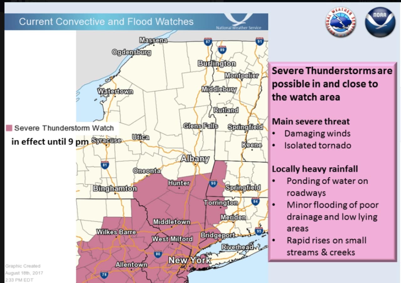 A look at areas where a Severe Thunderstorm Watch is in effect, including Westchester, Putnam, Dutchess and Rockland.
