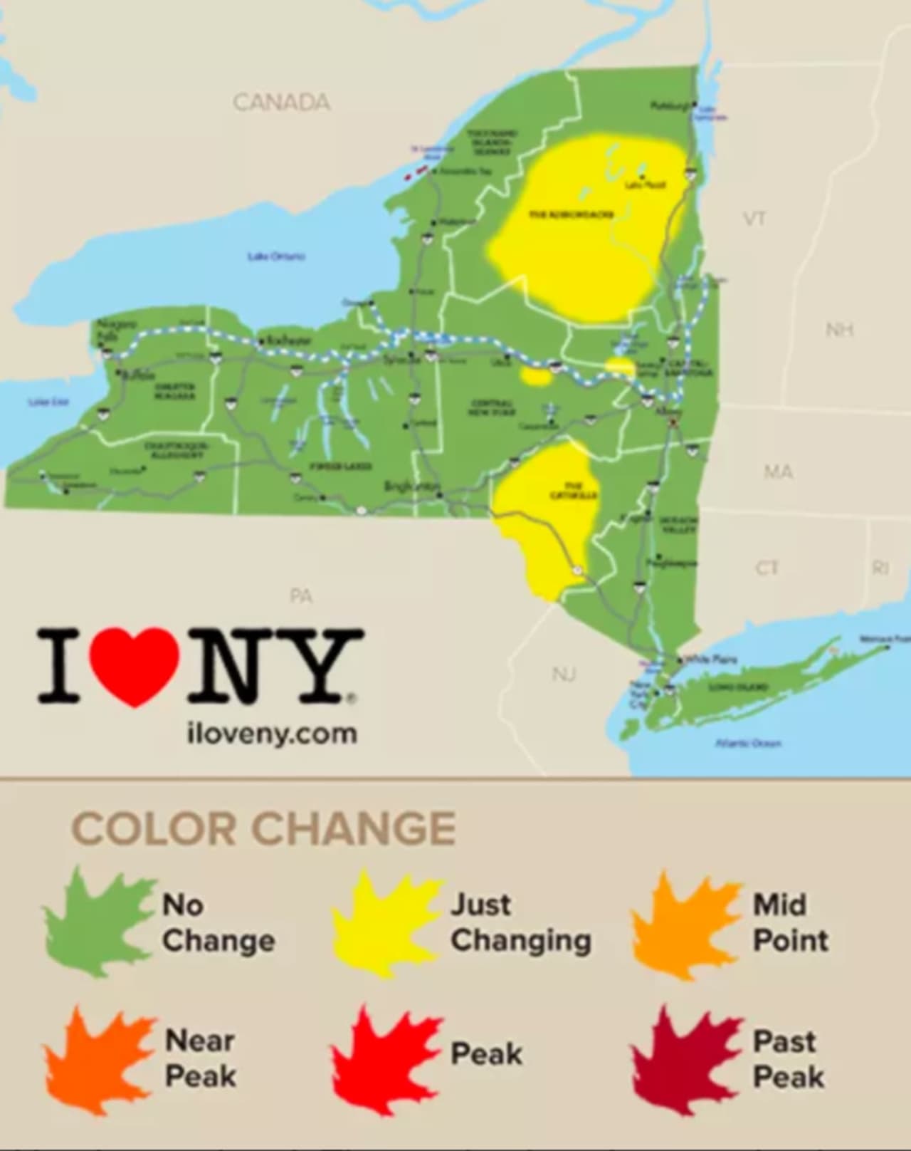 Conditions are prime for vibrant foliage across the Hudson Valley and all of New York, with some portions of upstate (shown in yellow) already seeing change.