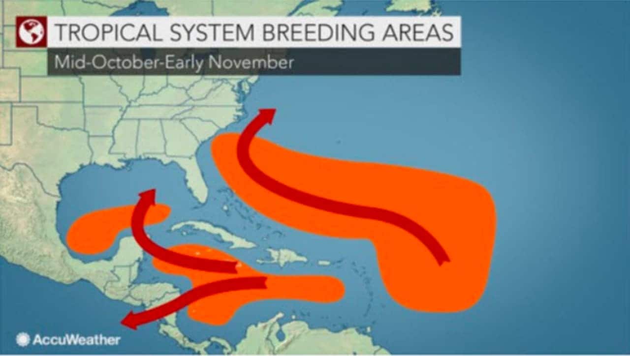 A look at breeding areas for tropical systems through early November.