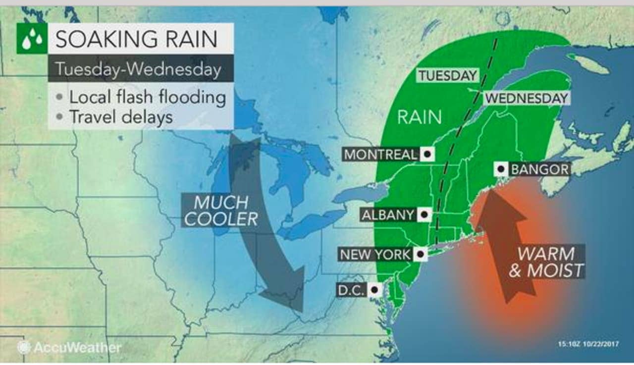 A look at the wet weather pattern that will move from west to east Tuesday and Wednesday, leading to some travel delays and local flash flooding.