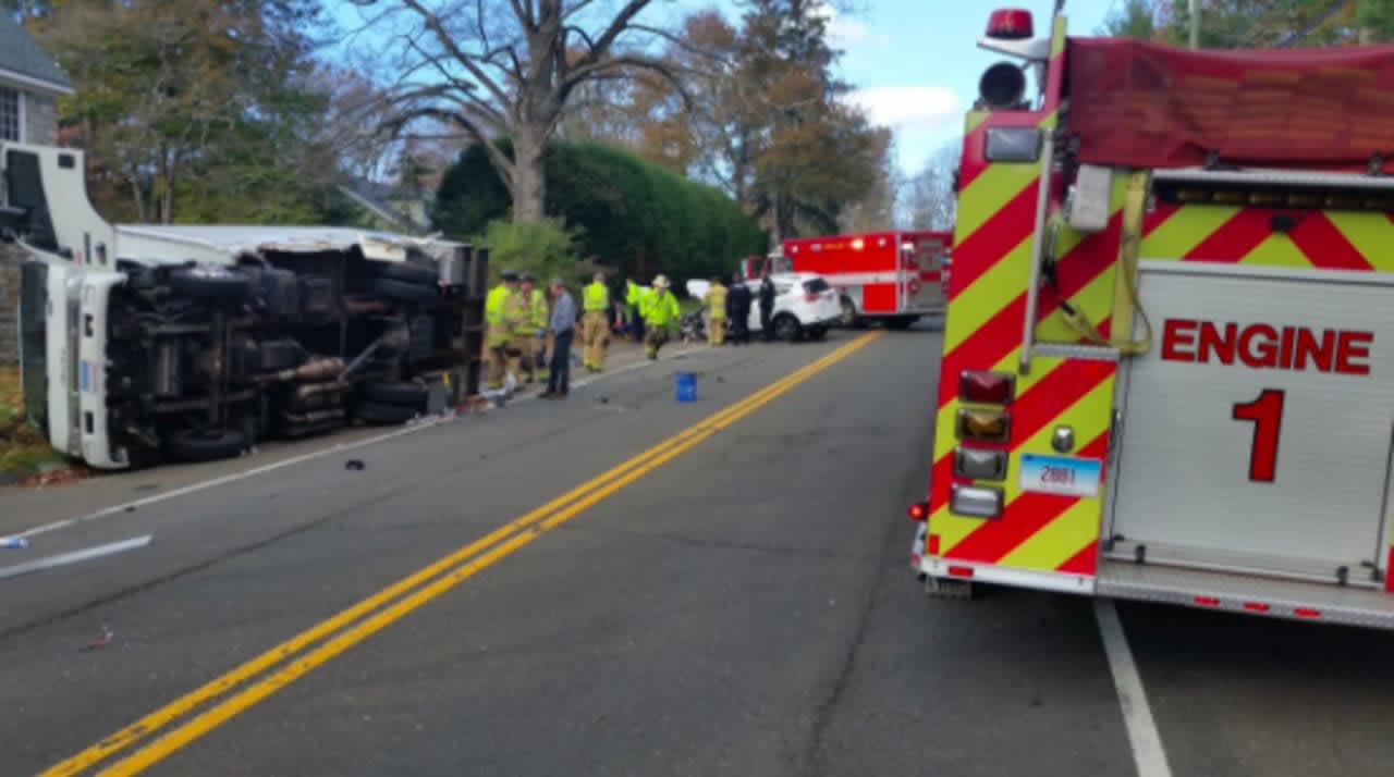 One injury was reported in a rollover crash on Route 123 in New Canaan.
