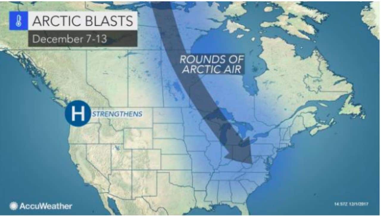 Arctic air blasts, which are expected to arrive in the area Dec. 7, could be accompanied by wintry storms.