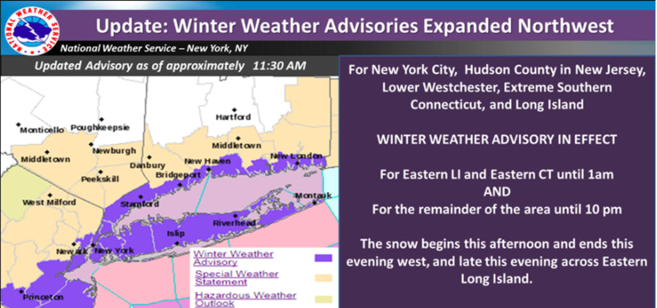 A look at areas, including Central and Southern Westchester where the advisory is in effect (in purple).