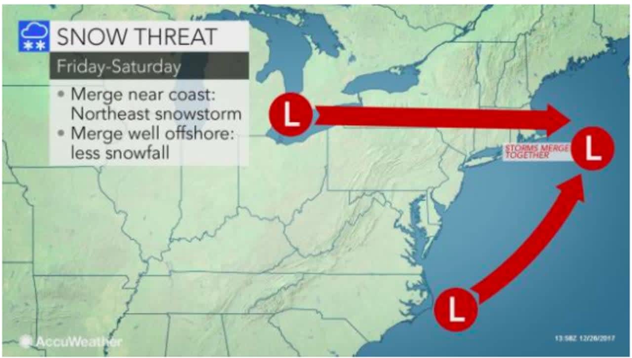 Two storm systems may attempt to merge and deliver snow to the area as the calendar gets set to flip to 2018.