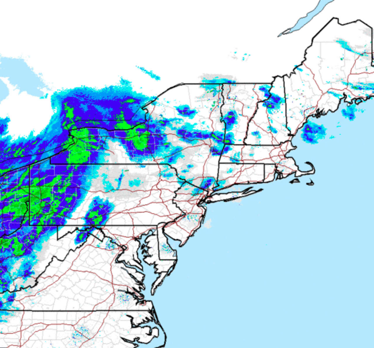 A radar image showing wintry west moving west to east.