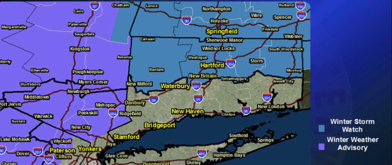 A look at areas where Winter Weather Advisories are in effect (shown in purple).