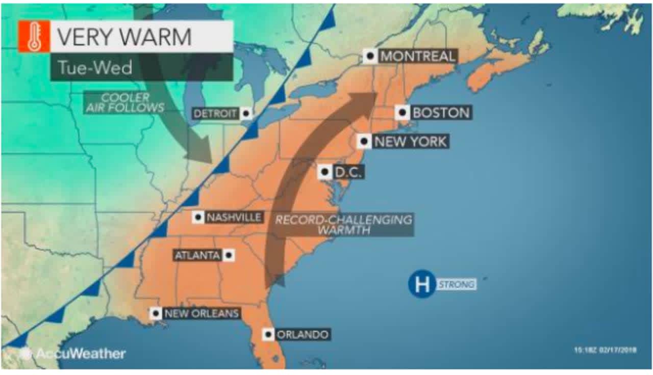 A look at the warm weather pattern that will arrive in the area Tuesday.
