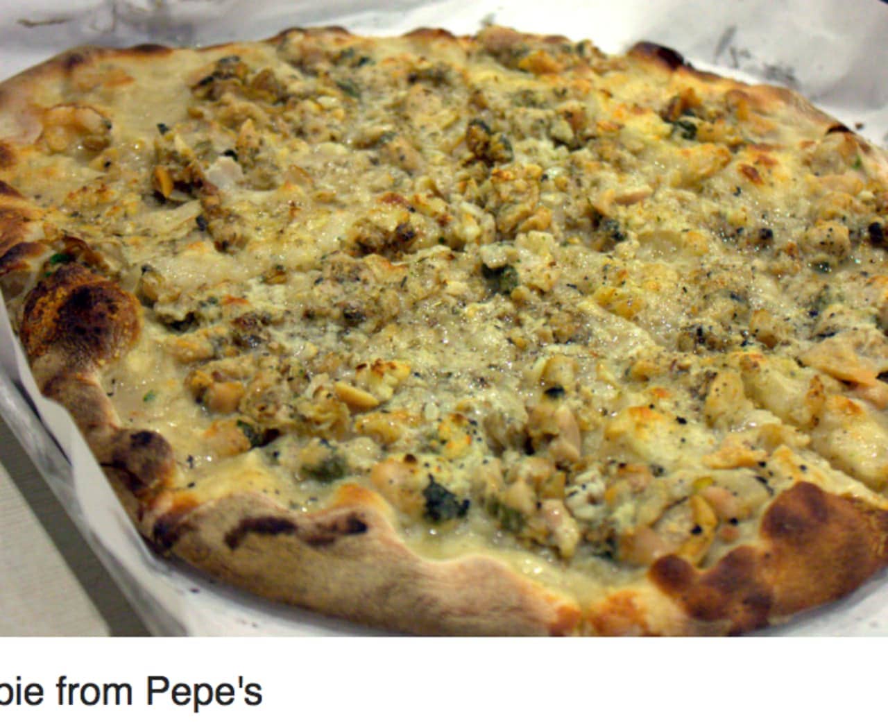 A white clam pizza pie from Frank Pepe's Pizzaria.