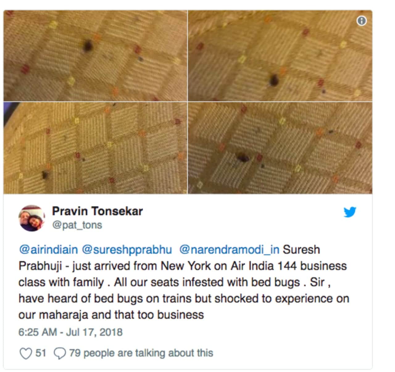 Passengers are reporting bed bugs on Air India flights from Newark.