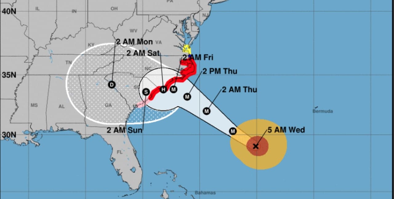 The latest projected path and timing for Florence, released Wednesday morning.