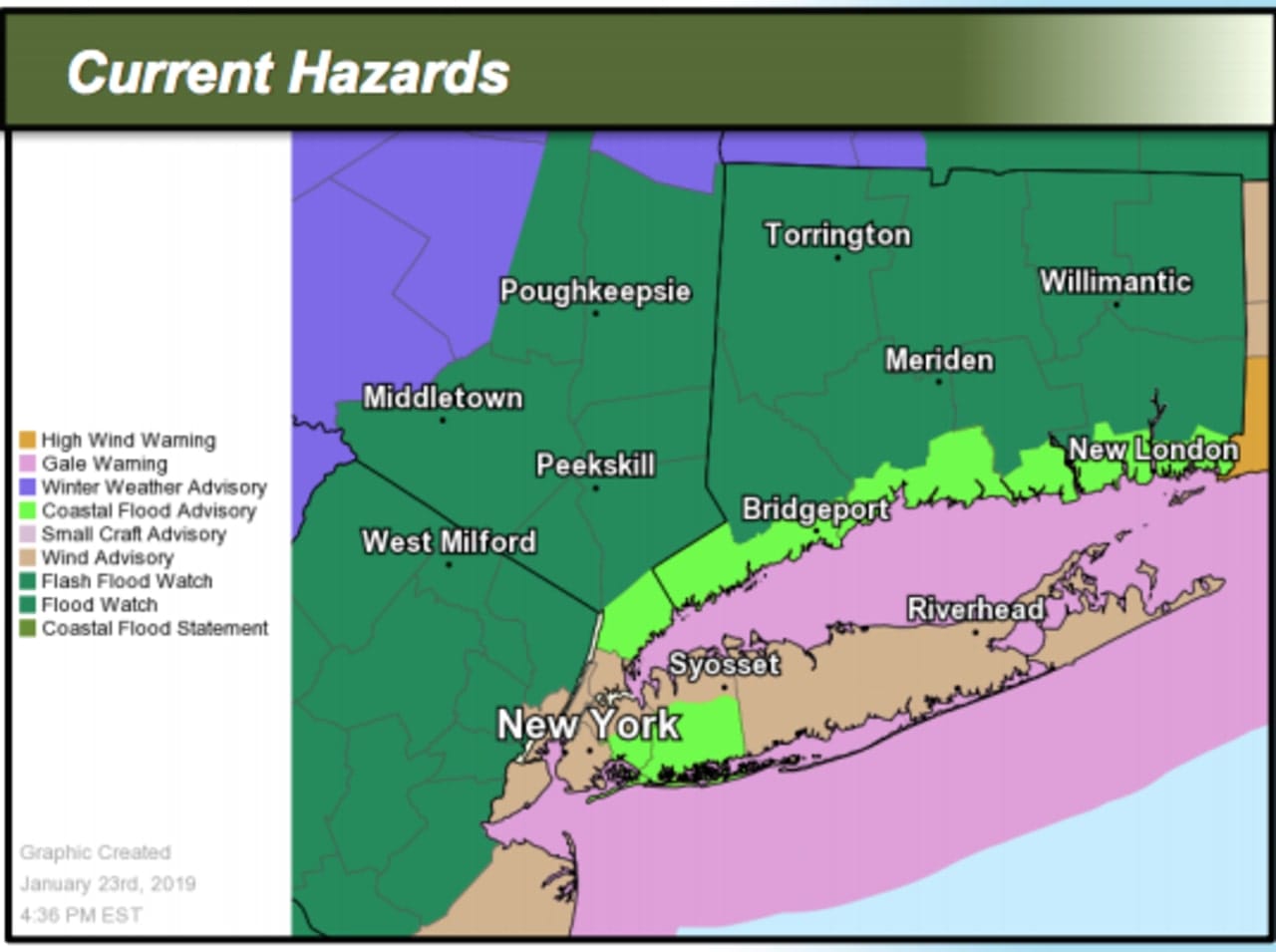 A look at areas where a Coastal Flood Advisory (light green) and Flash Flood Watch (green) are in effect.