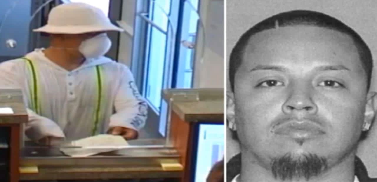 Surveillance video image, left, from a PNC Bank. At right, photo of Luis Estrada, charged by Hamilton police for the robbery.