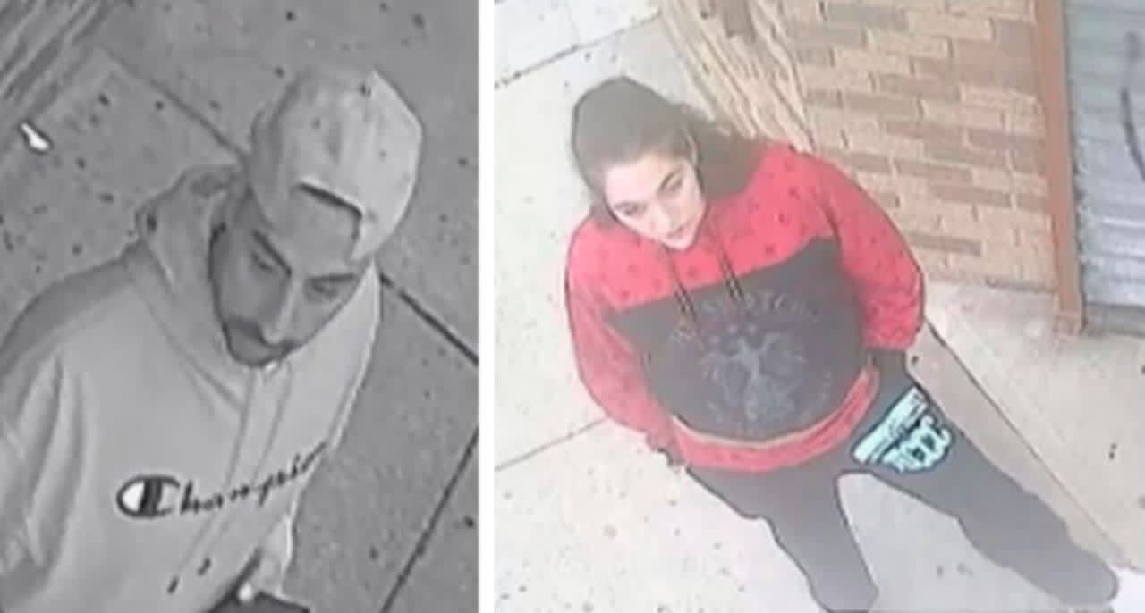 Authorities are seeking the public's help identifying two suspects who broke into a parked vehicle in Newark and stole cash.