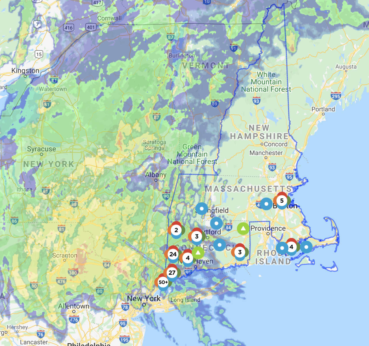 The Eversource outage map at 1:20 p.m. on Tuesday, Aug. 4.