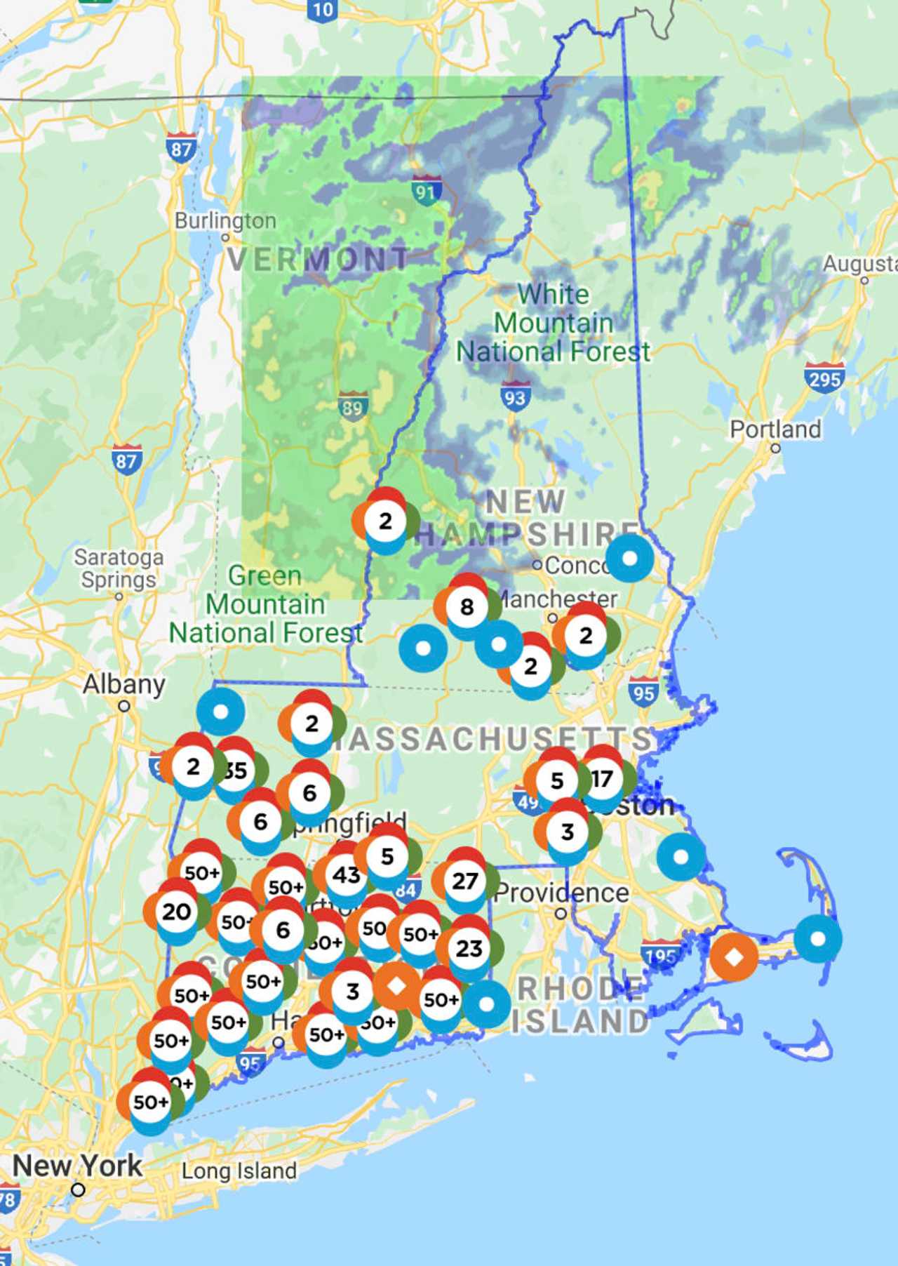 The Eversource outage map at 4:50 p.m. on Tuesday, Aug. 4.