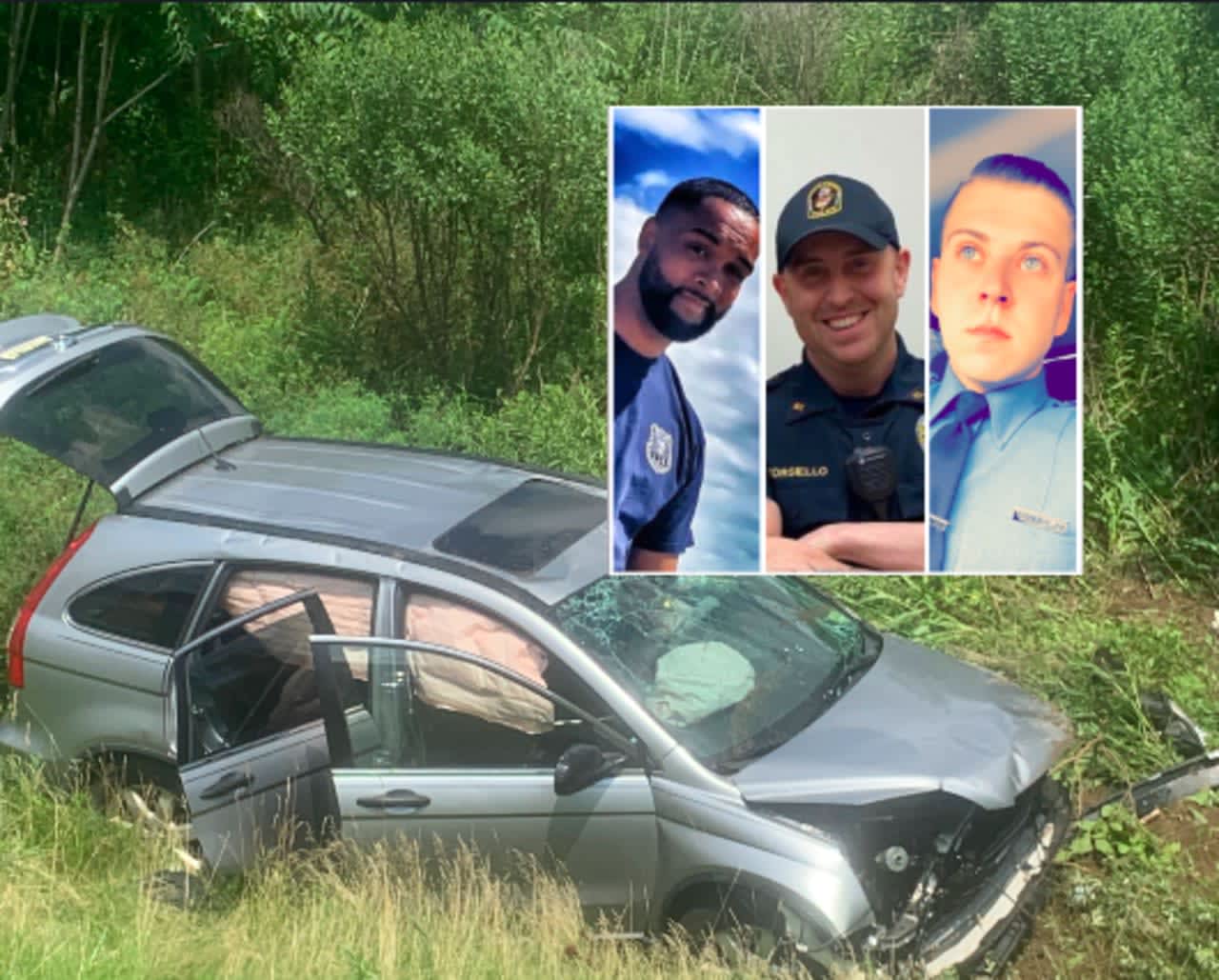 Wood-Ridge firefighter Dan O'Beirne, Rutherford volunteer EMT Walter Rogers, Wood-Ridge Police Officer Mark Torsiello and NJ corrections officer Chris Aurajo (not pictured) rescued three women trapped in a vehicles on the NJ Turnpike.