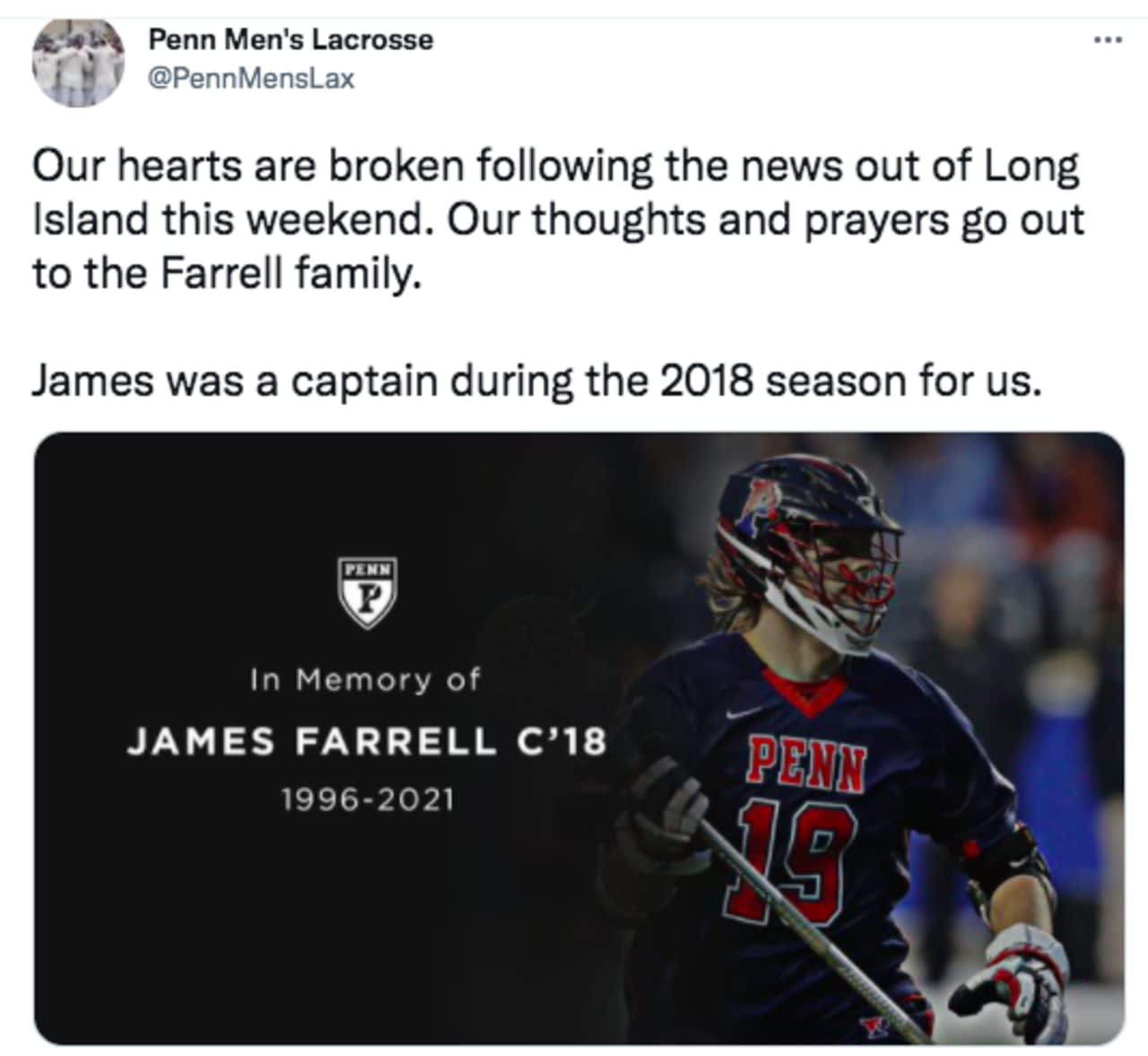 James Farrell, age 25, former lacrosse captain at both Manhasset High School and the University of Pennsylvania, was among the five victims of the Hamptons head-on crash, along with his 20-year-old brother Michael.