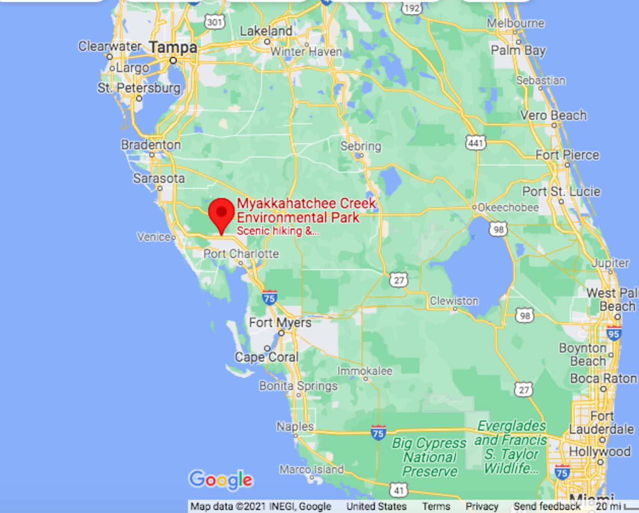 Myakkahatchee Creek Environmental Park in Sarasota County, Florida (marked in red).
