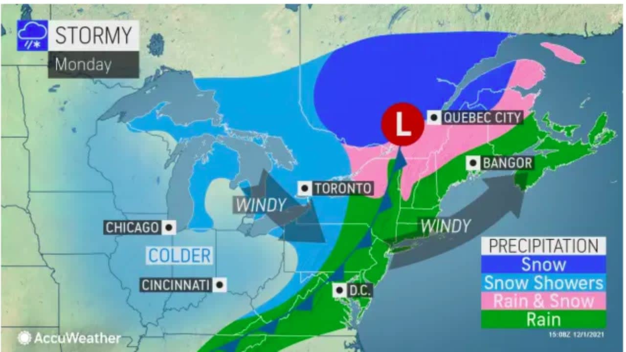Most of the Northeast will see rain (in green) from the storm system that will sweep through the region on Monday, Dec. 6.