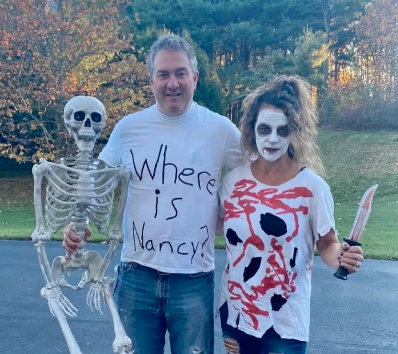 Tom Gregor, a Hunterdon County school board candidate who is running unopposed appeared on Twitter with his Halloween costume — a shirt that said, “where is Nancy?” accompanied by a skeleton and his wife in a zombie suit.