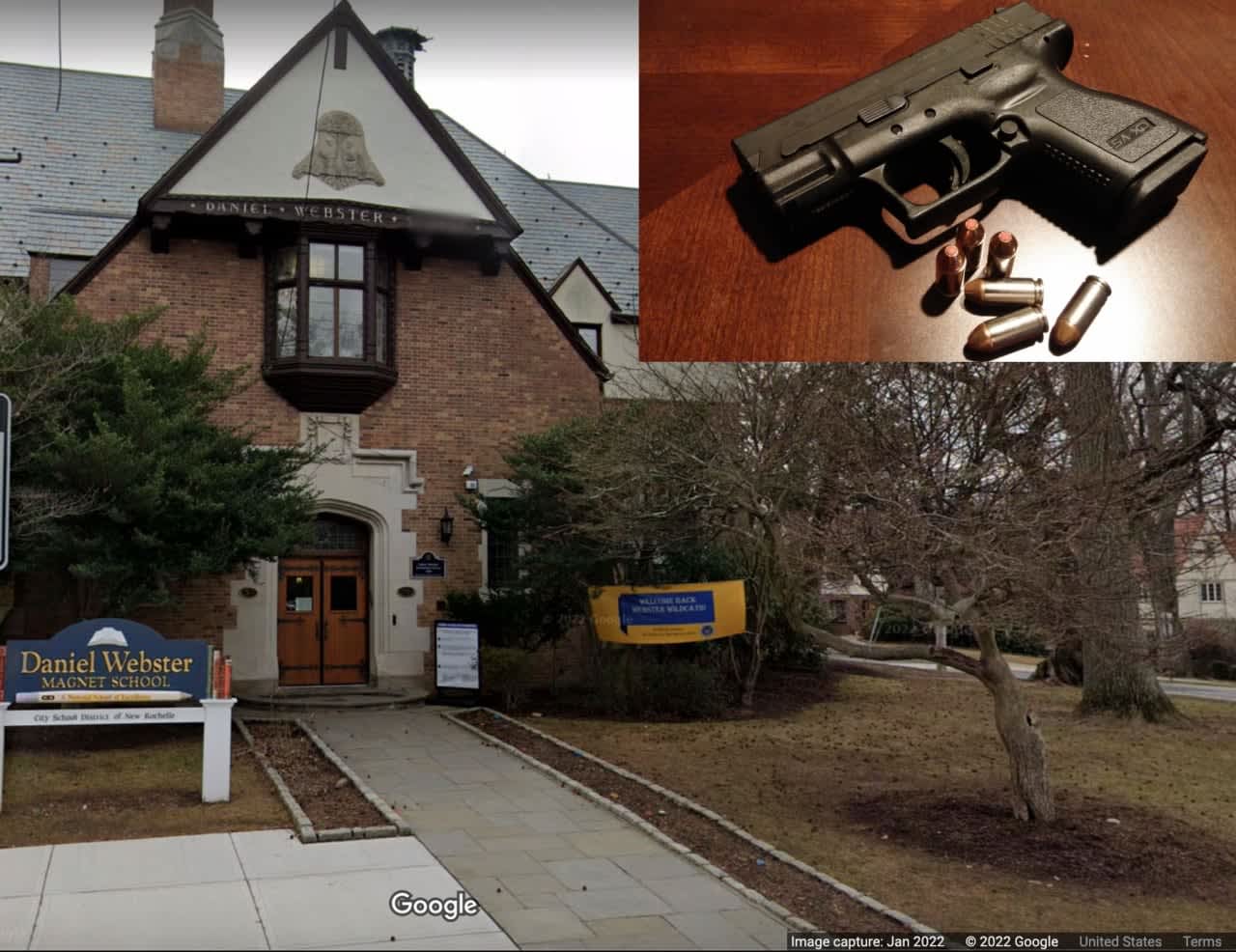 A gun was found buried in dirt and leaves at the Daniel Webster Elementary School in New Rochelle.