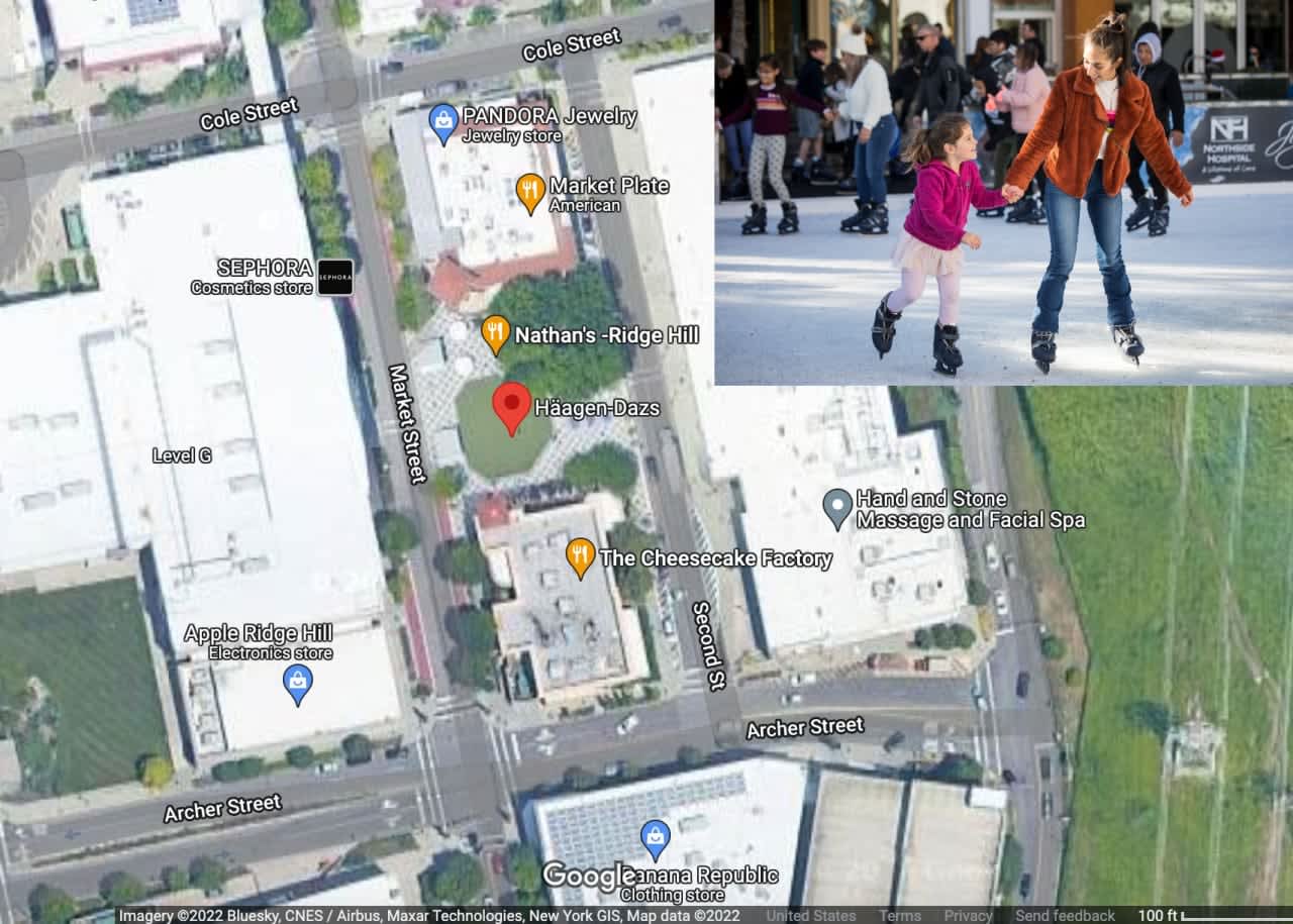 The new ice skating rink will be located in Yonkers at the Ridge Hill outdoor mall, marked by the red pin above.