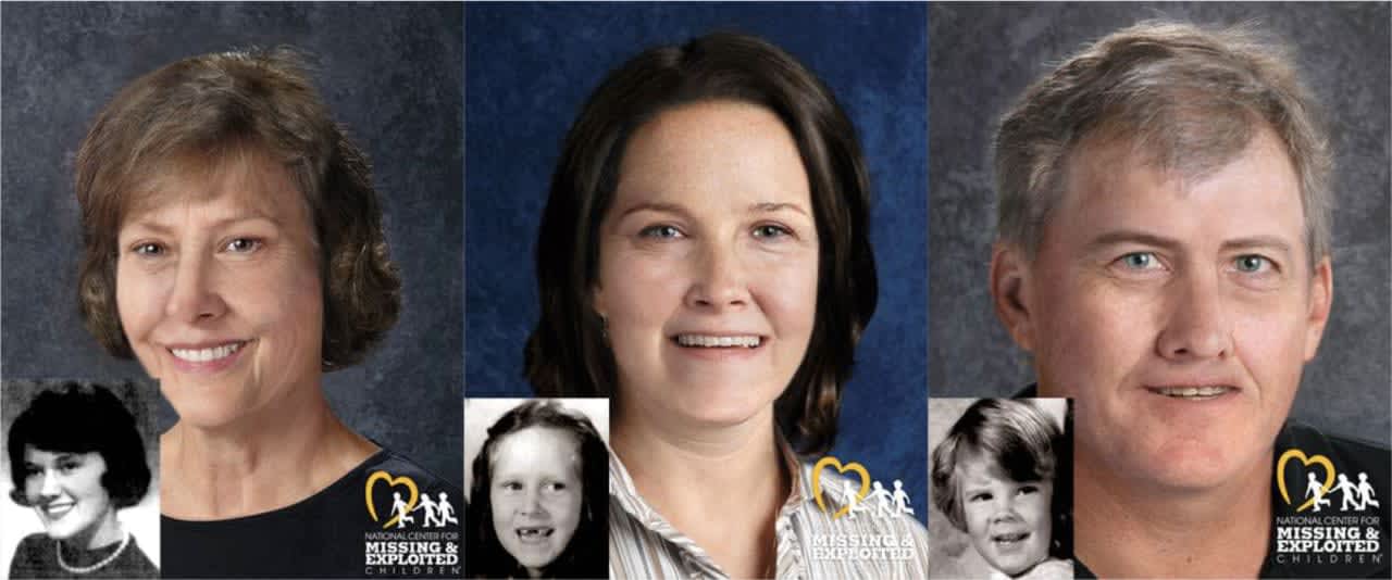 Age-progressed photos of 75-year-old Leslie Guthrie, right; 51-year-old Julie Guthrie, middle; and 48-year-old Timothy Guthrie, right.
