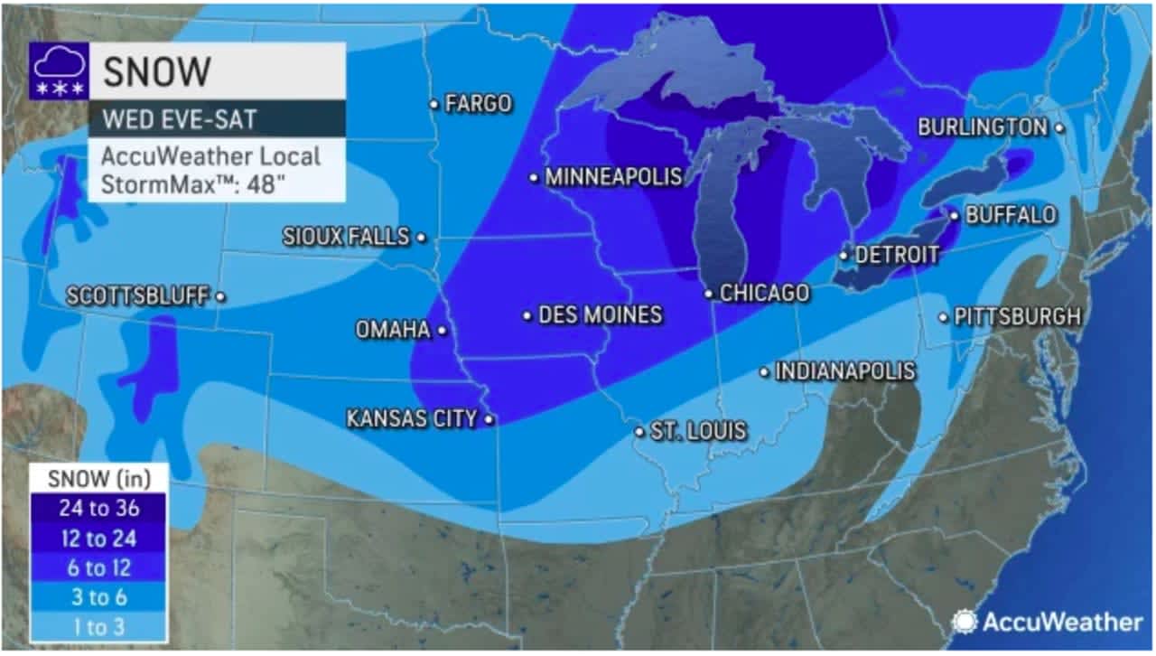 Areas expected to see accumulating snowfall from the pre-Christmas storm: 1 to 3 inches (shown in the lightest blue), 3 to 6 inches (Columbia blue), 6 to 12 inches (blue), 12 to 24 inches (Royal blue), 24 to 36 inches (purple).